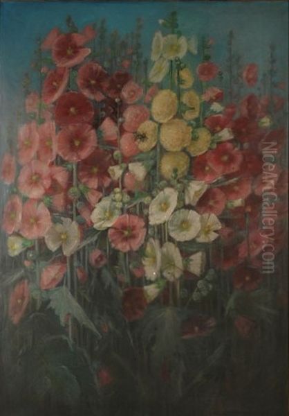 still life of hollyhocks Oil Painting by Adelia Armstrong Lutz