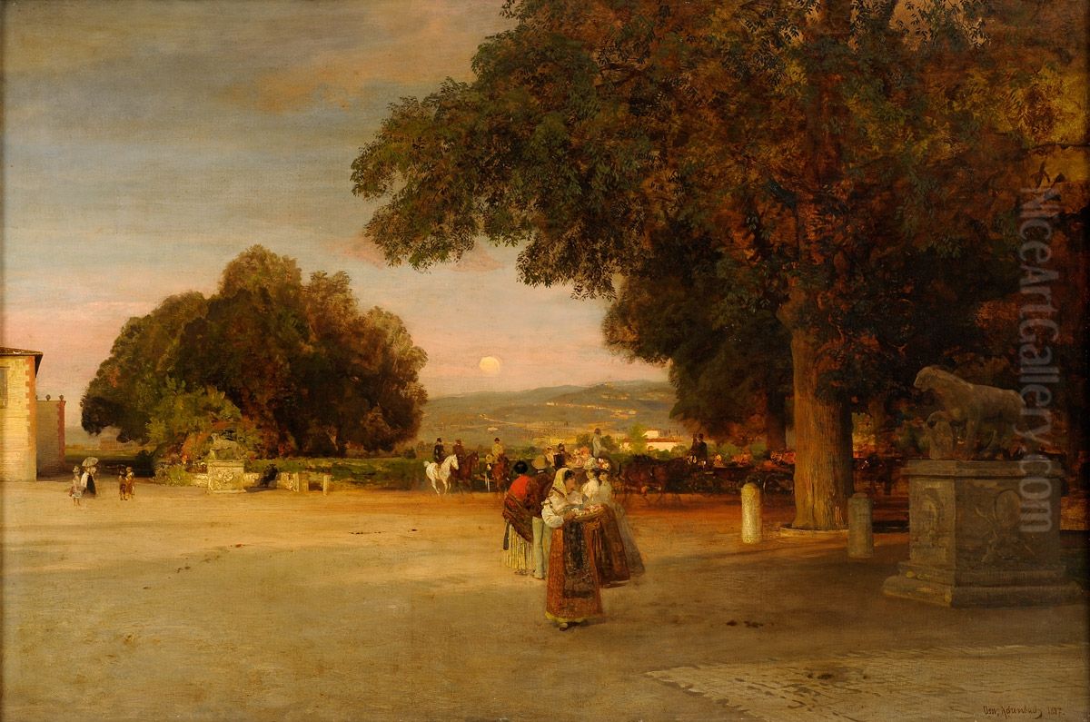 Reges Treiben im Palazzo Park Oil Painting by Oswald Achenbach