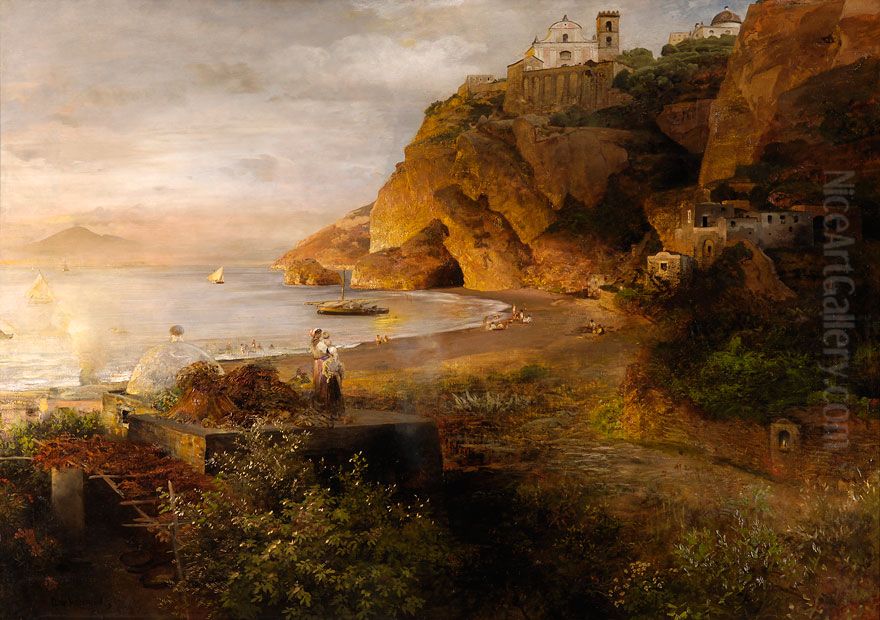 IschiaVico Equense an der Sorrentinischer Kuste mit der Cattedrale dell'Annunziata Oil Painting by Oswald Achenbach