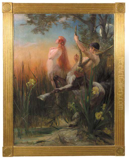 Centaurs standing in an iris-filled forest clearing Oil Painting by Carl Sterry