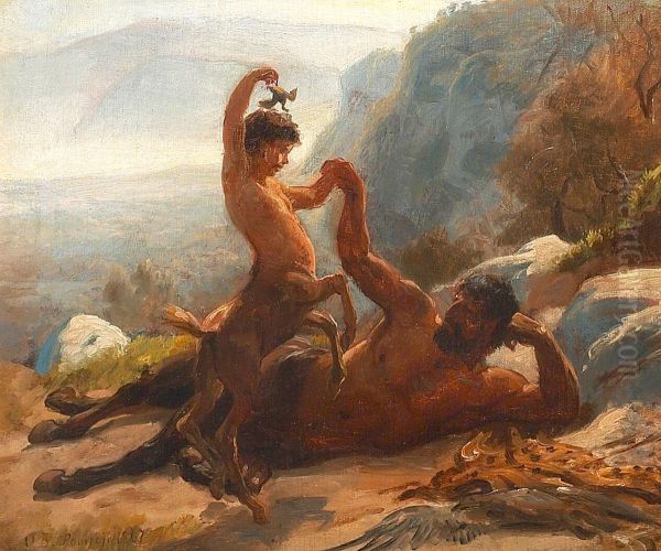 A centaur playing with his son. Oil Painting by Otto Bache