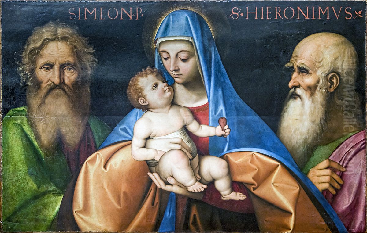 Madonna with the Child with Saint Simeon and saint Jerome Oil Painting by Giovanni Agostino Da Lodi