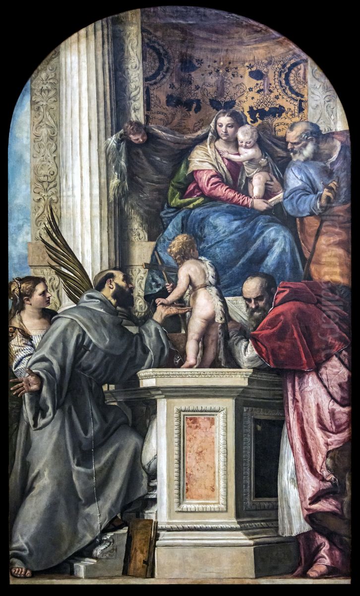 Madonna and Child with Saints Joseph, Justine, Francis of Assisi, Giovanni Battista Child and Jerome Oil Painting by Paolo Veronese (Caliari)