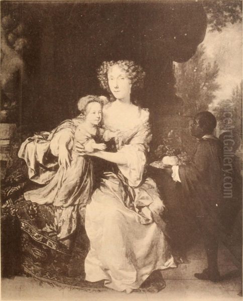 Portrait of a lady with her daughter and a servant Oil Painting by Caspar Netscher