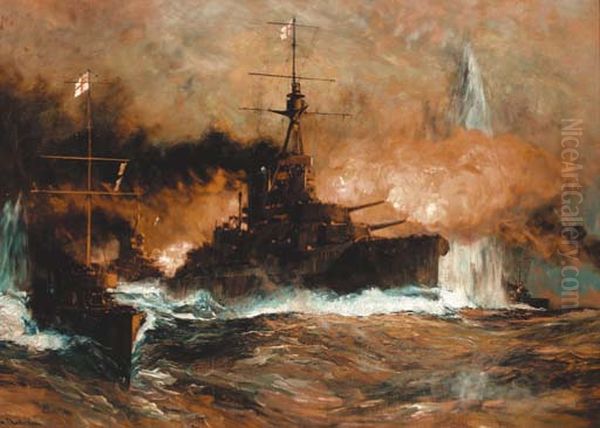 Admiral Jellicoe's flagship H.M.S. Iron Duke with escorting destroyers leading the Grand Fleet into action at Jutland, 31st May, 1916 Oil Painting by Charles Dixon