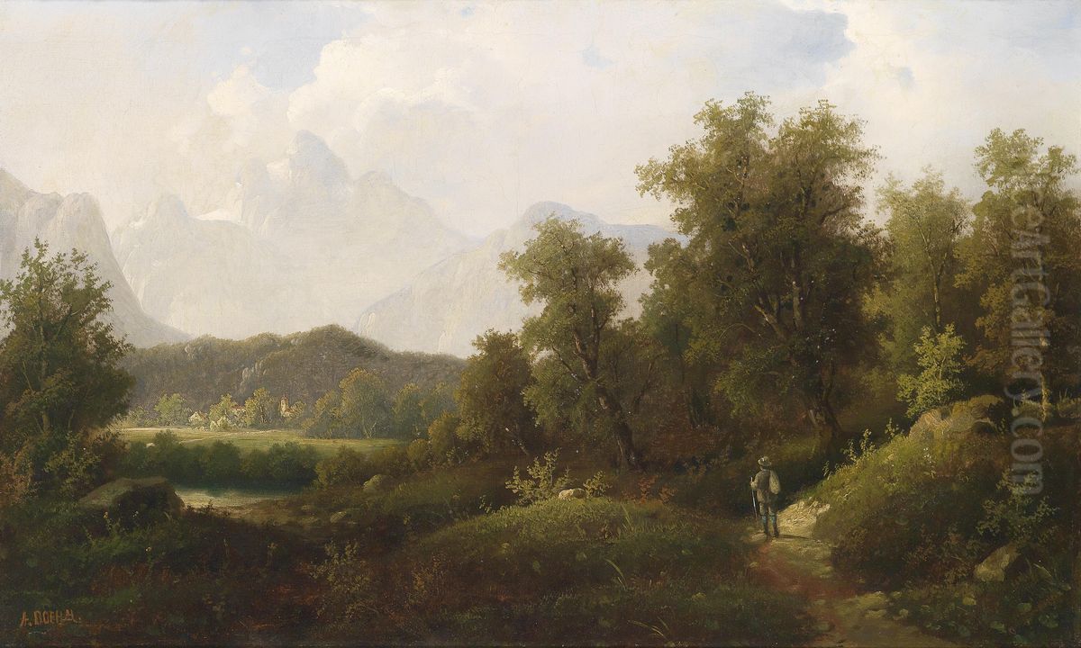 Mountainous River Landscape Oil Painting by Adolf Michael Boehm