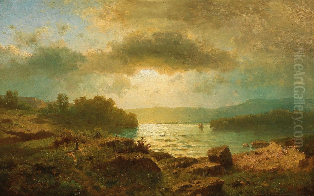 Sunset on a lake Oil Painting by Adolf Chwala