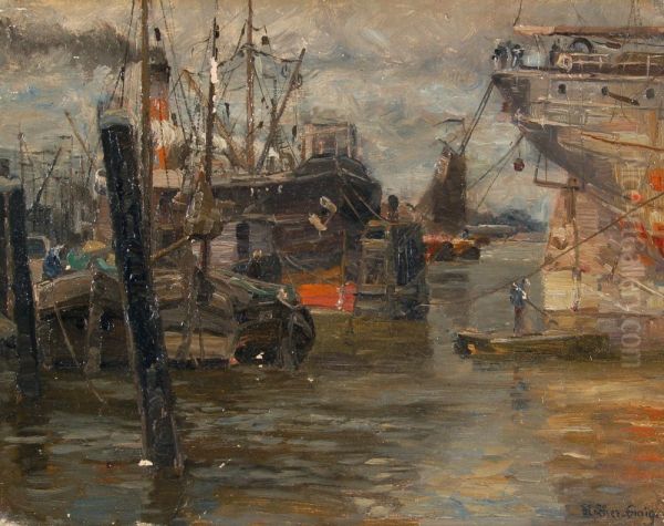 Emdener Hafen Oil Painting by Adolf Fischer-Gurig