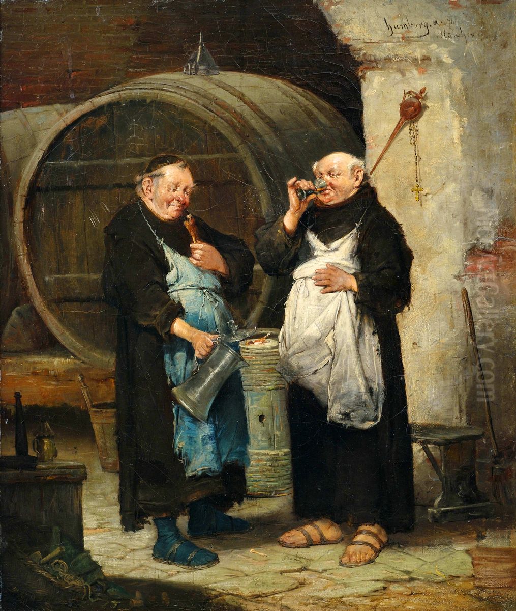Zwei Monche im Weinkeller. Oil Painting by Adolf Humborg