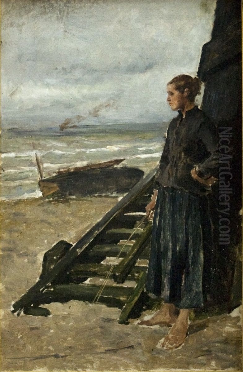 Fille de pecheur adossee a l'estacade (Nieuport) Oil Painting by Constantin Meunier