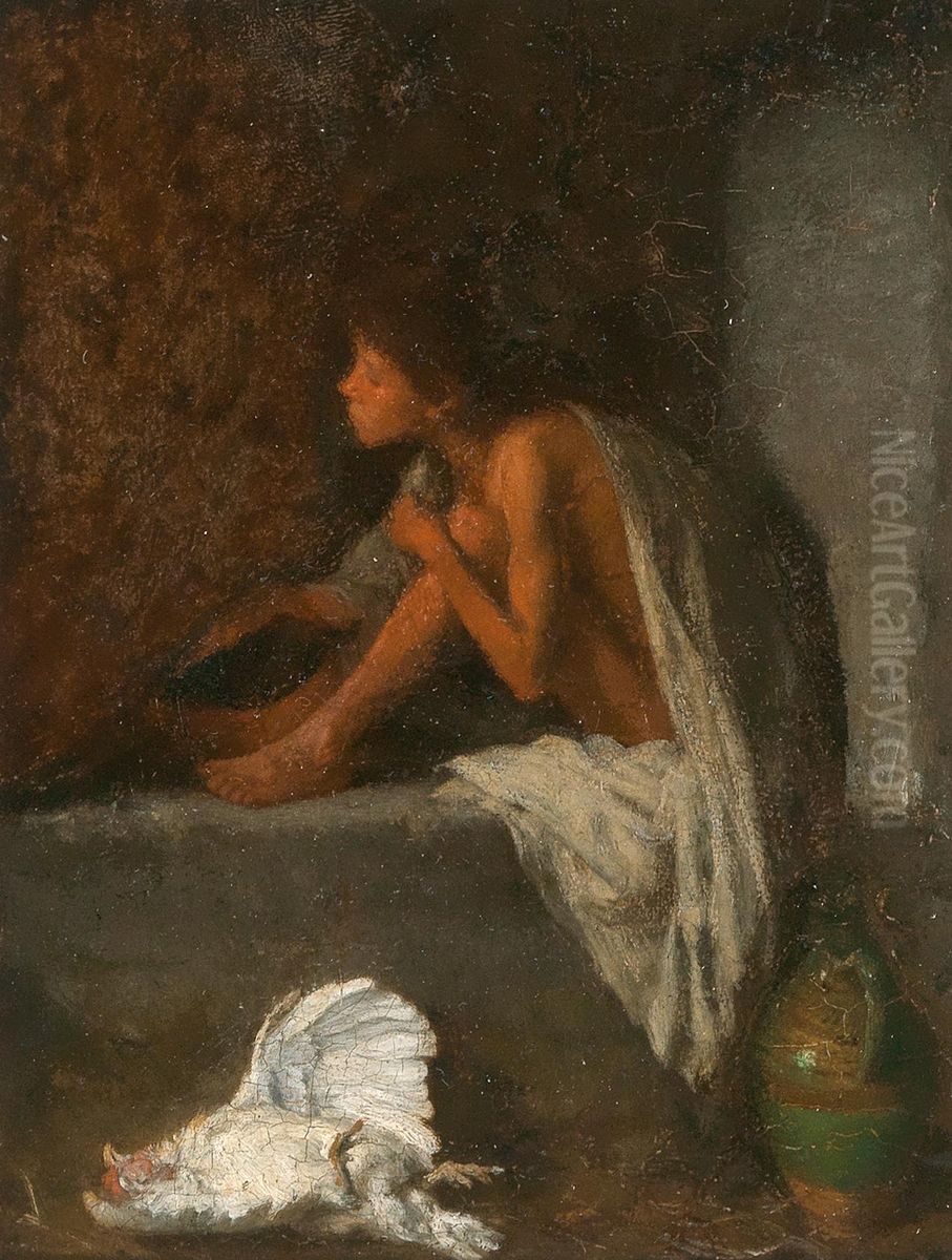 Knabe am Ofen sitzend Oil Painting by August von Pettenkofen