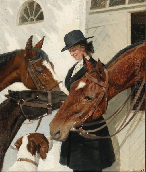 Visiting the Horses Oil Painting by Adolf Heinrich-Hansen