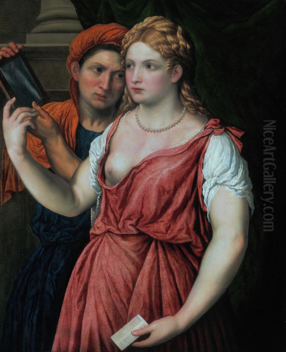 Young Woman Holding a Mirror with Her Servant Oil Painting by Paris Bordone