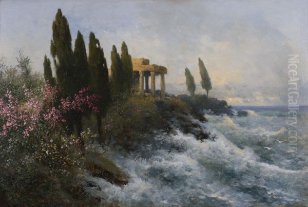 Mediterrane Landschaft mit antikem Tempel Oil Painting by Adolf Kaufmann