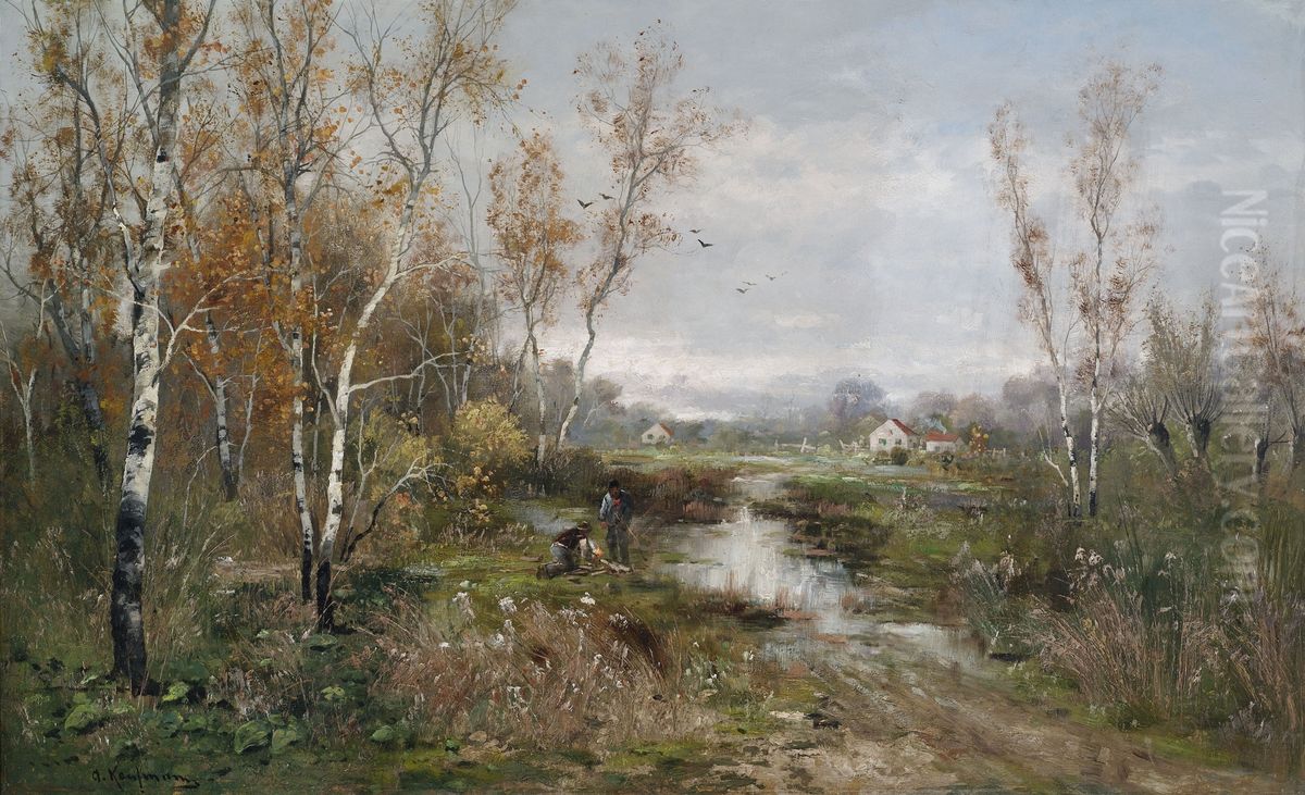 Herbstliche Moorlandschaft an einem Birkenhain. Oil Painting by Adolf Kaufmann