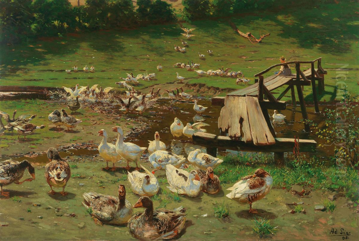 A summer day, geese by a pond Oil Painting by Adolf Lins