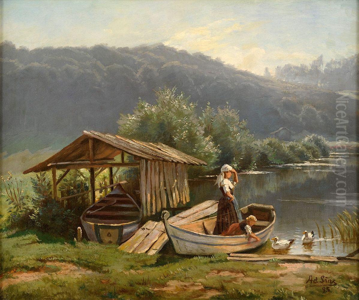 Sommerliche Seenlandschaft. Oil Painting by Adolf Lins