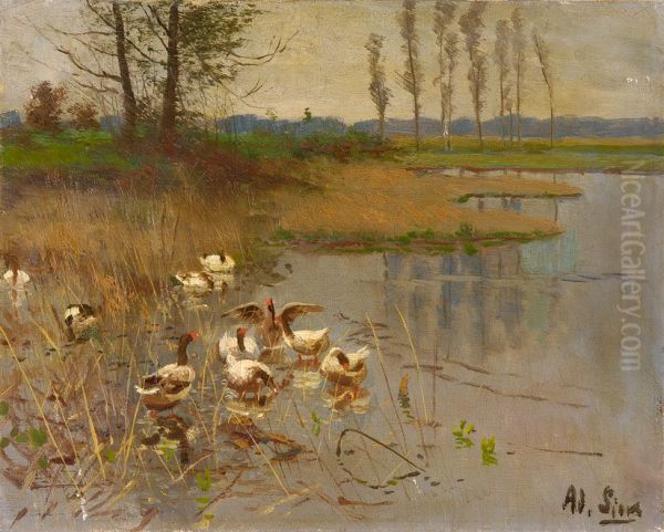 Seelandschaft mit Gansen Oil Painting by Adolf Lins