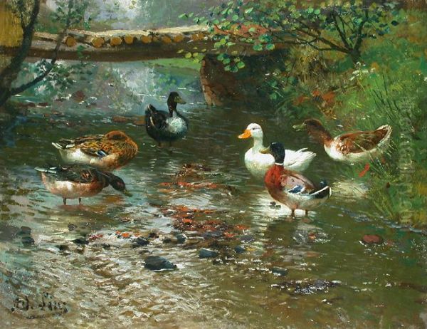 Ducks at the Stream Oil Painting by Adolf Lins