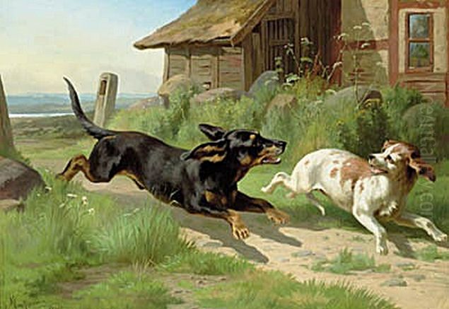 A happy encounter. Oil Painting by Adolf Mackeprang