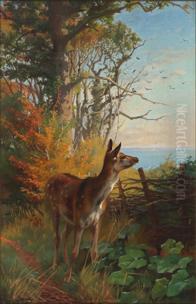 A deer in the forest Oil Painting by Adolf Mackeprang