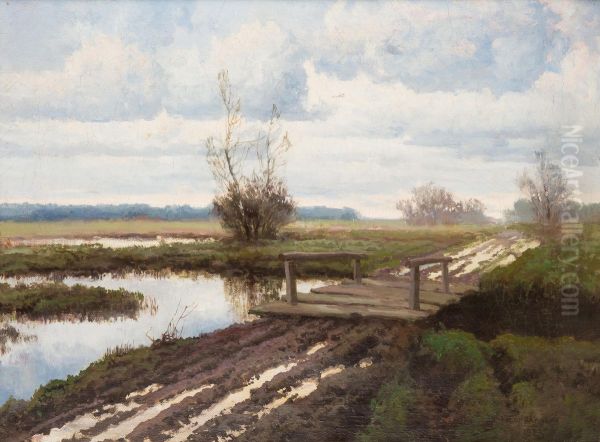 Landscape with a bridge Oil Painting by Jozef Rapacki