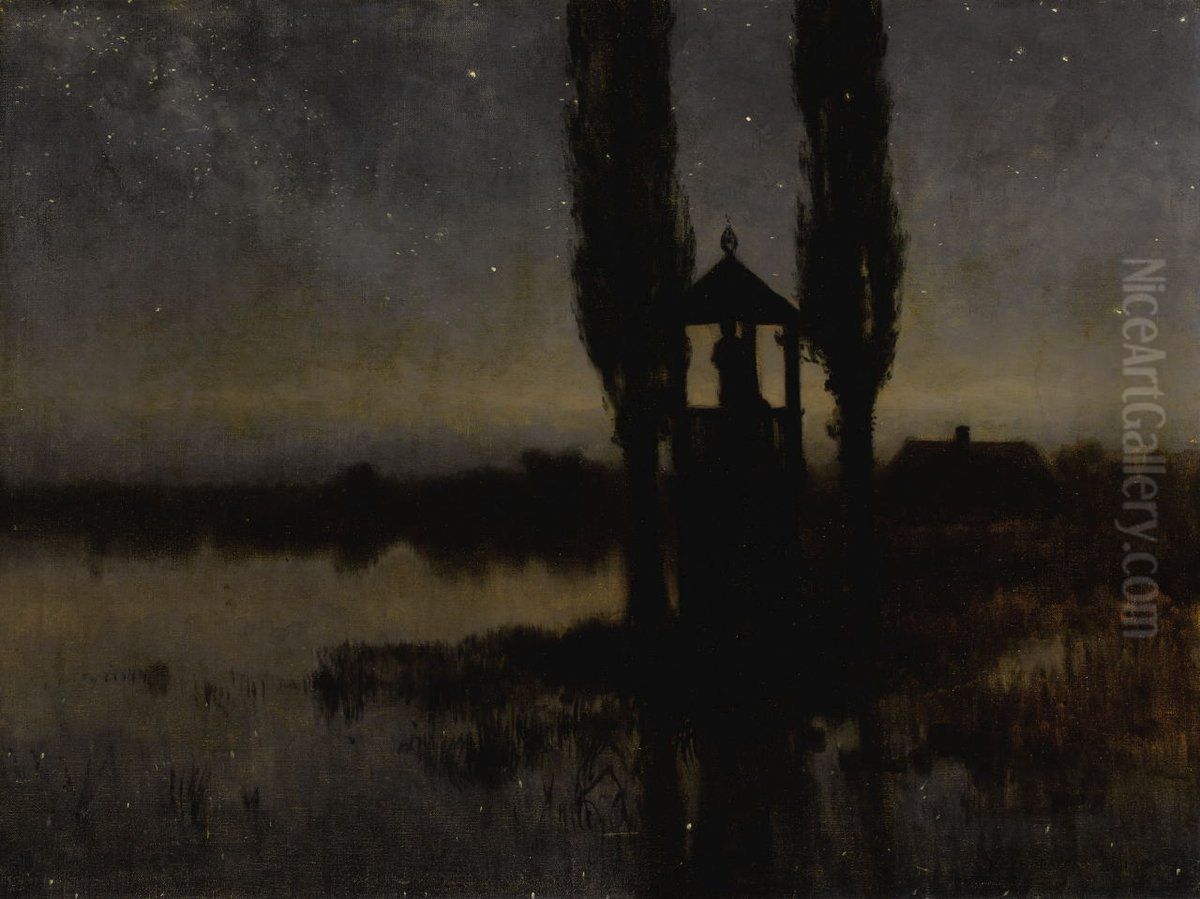 Nocturne - a chapel with a statue of Saint. Jan Nepomucen Oil Painting by Jozef Rapacki