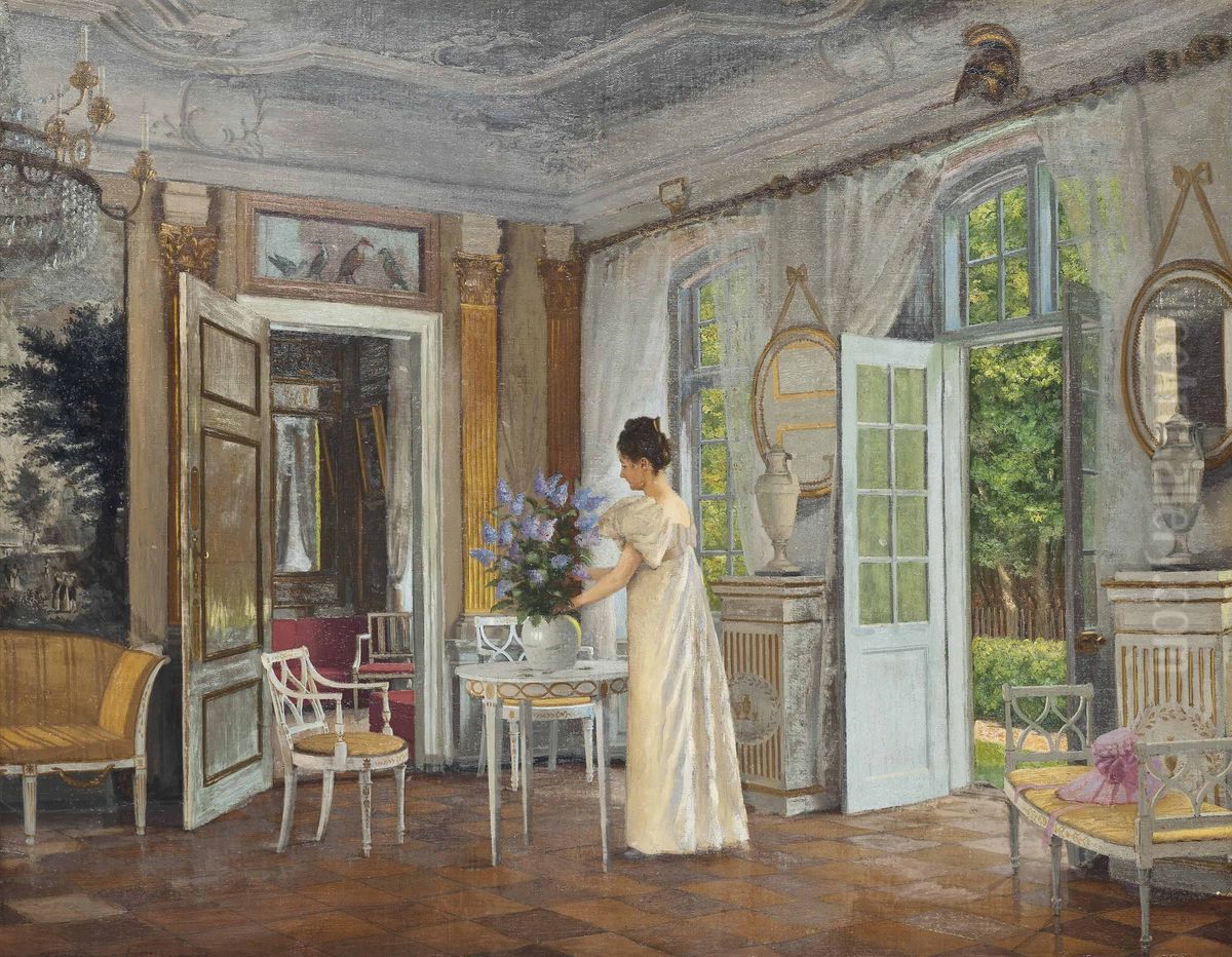 Arranging Summer blooms. Oil Painting by Adolf Heinrich-Hansen