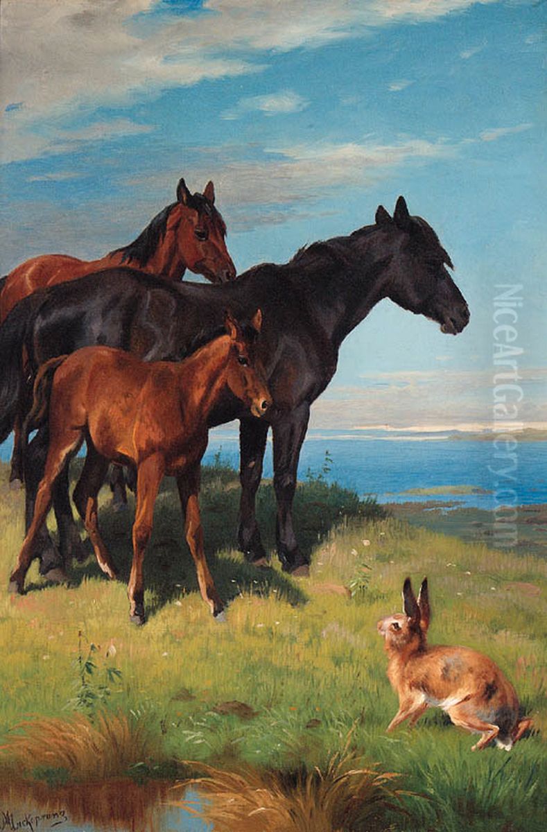 Ponies and a Hare overlooking the Sea. Oil Painting by Adolf Mackeprang