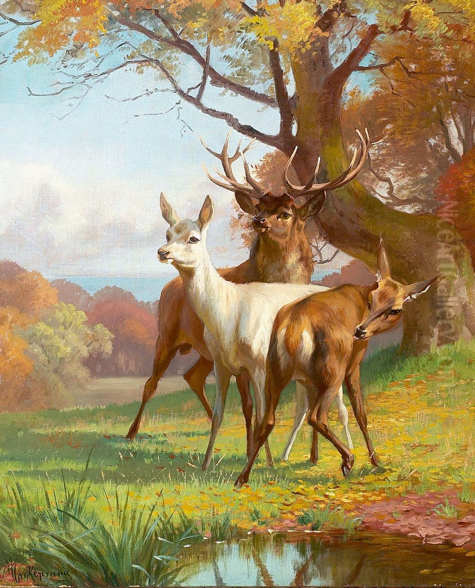 Forest scene with red deer. Oil Painting by Adolf Mackeprang