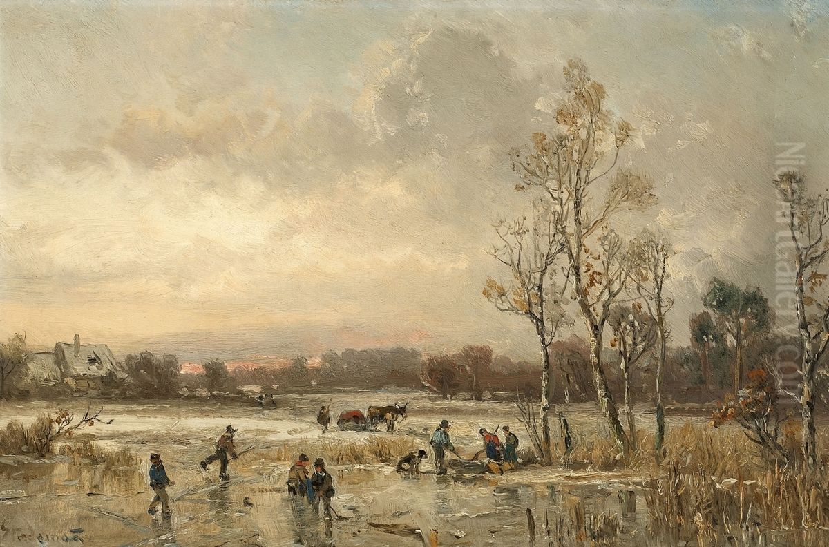 Abendliche Winterlandschaft mit Bauern. Oil Painting by Adolf Stademann