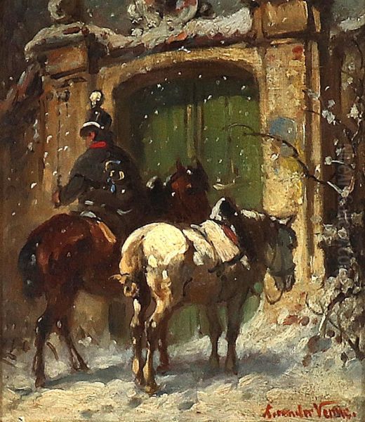 Postreiter am Tor Oil Painting by Adolf van der Venne