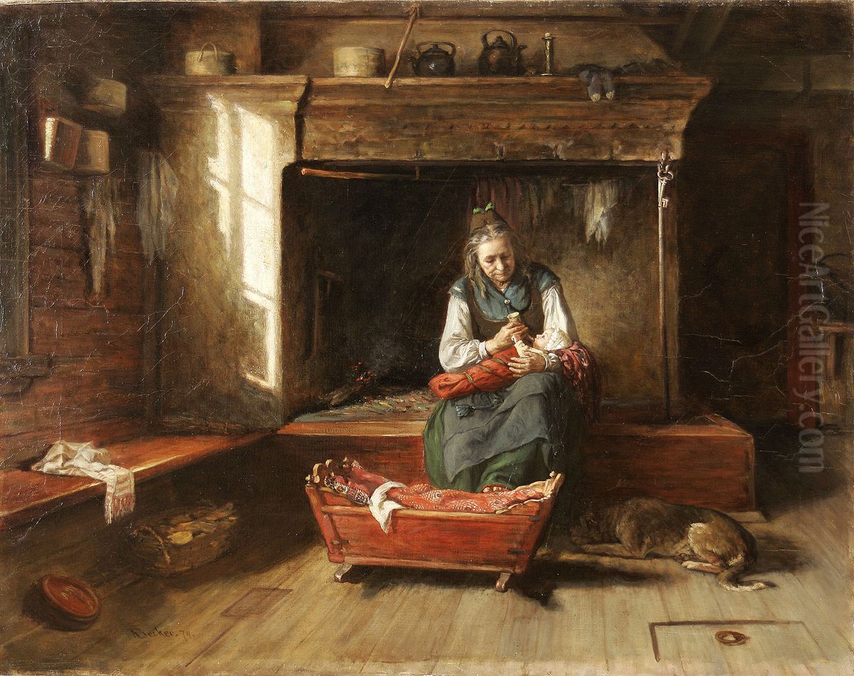 Little One Being Fed Oil Painting by Adolf von Becker