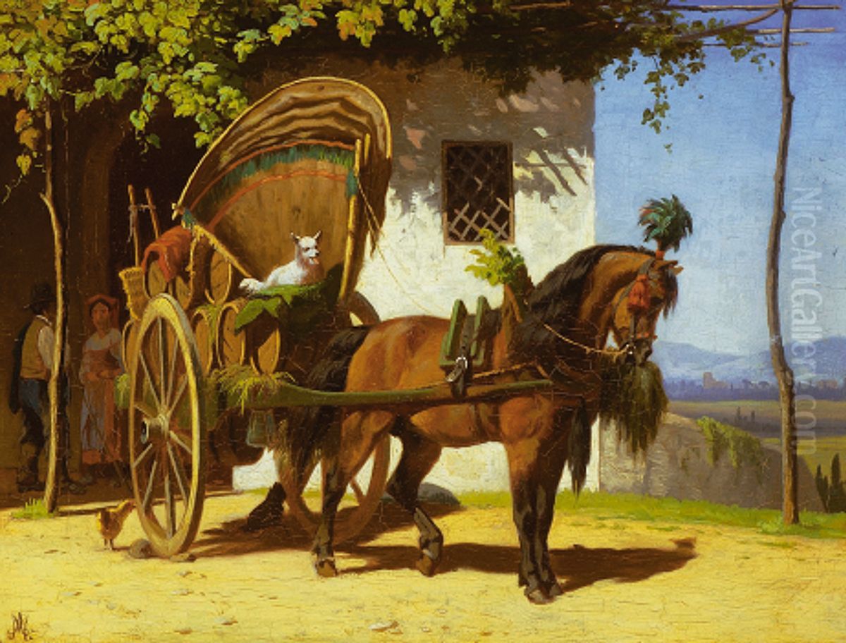 Mediterranean farmyard with a decorated horse-drawn cart. Oil Painting by Adolf Mackeprang Mediterranean farmyard with a decorated horse-drawn cart. Oil Painting by Adolf Mackeprang