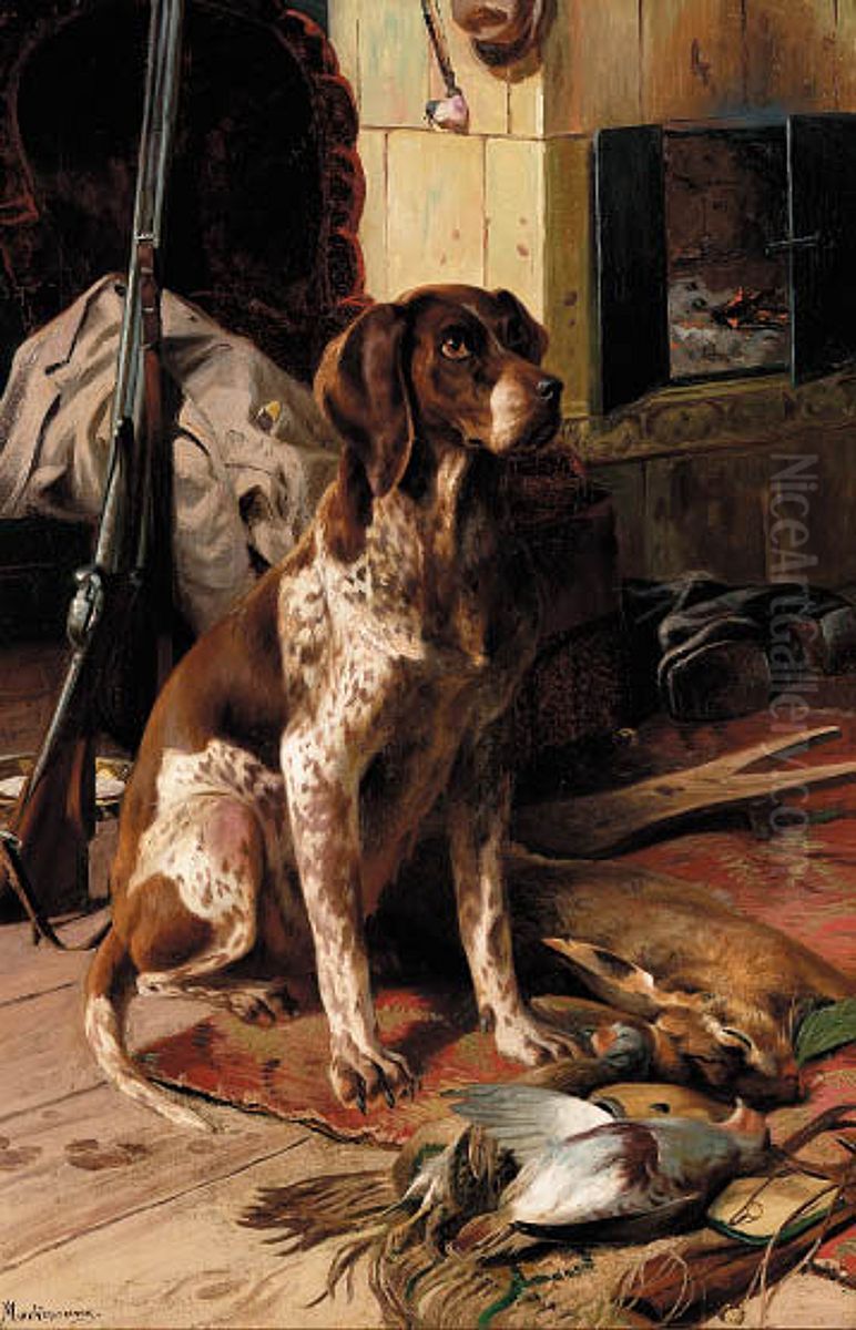 German gundog proudly sitting next to its prey. Oil Painting by Adolf Mackeprang