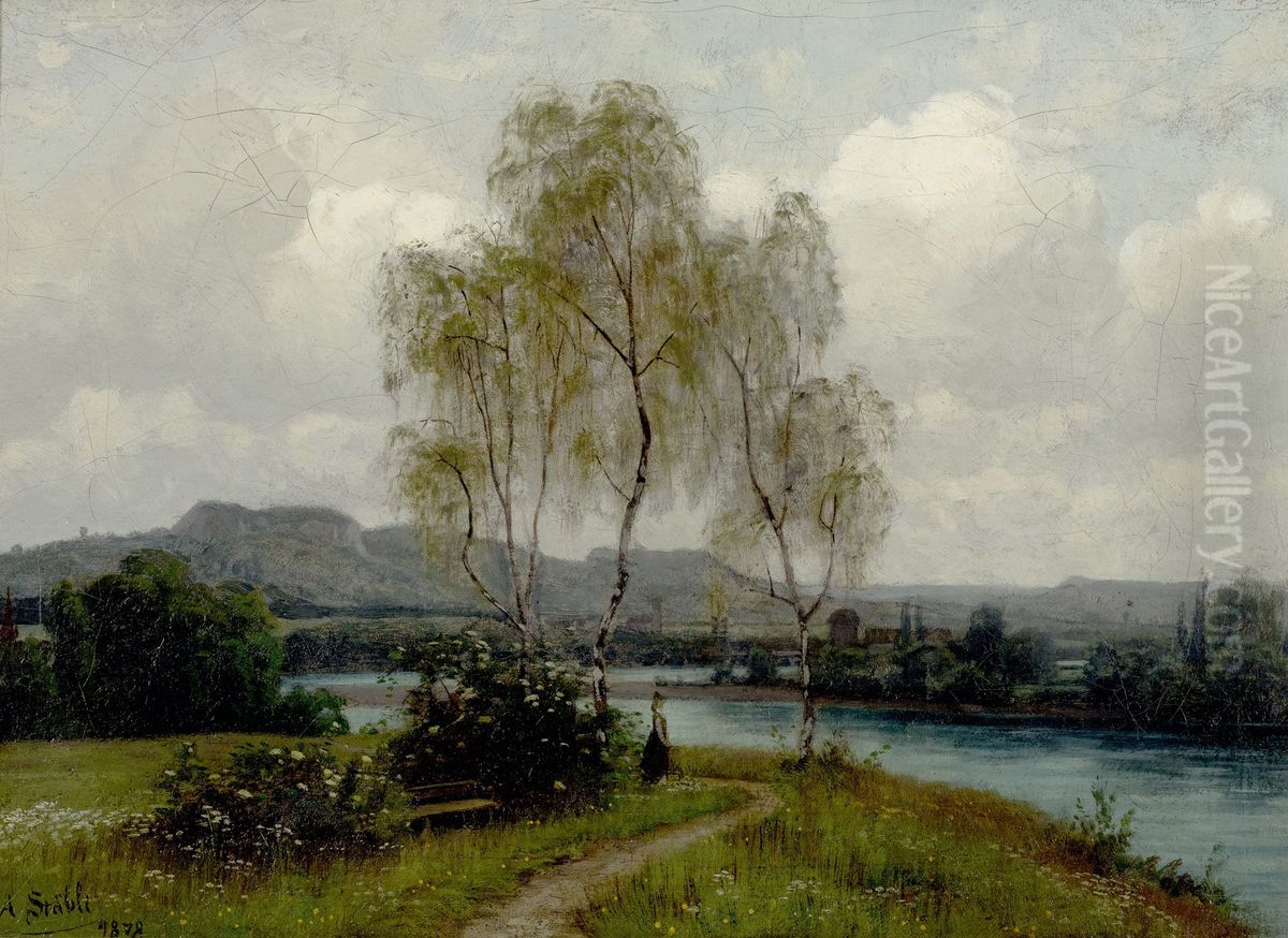 Landschaft am Wasser. Oil Painting by Adolf Stabli