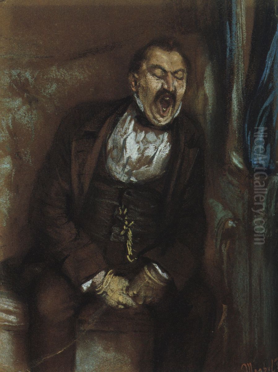 Gahnender Herr im Eisenbahncoupe Oil Painting by Adolph von Menzel