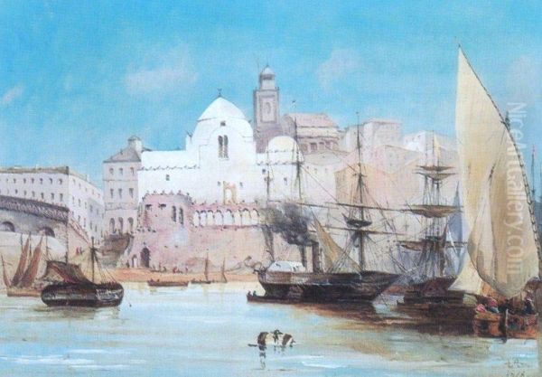 Bateaux dans le port d'Alger. Oil Painting by Adolphe Aze