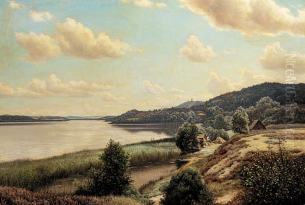 An extensive lake landscape. Oil Painting by Adolph Larsen