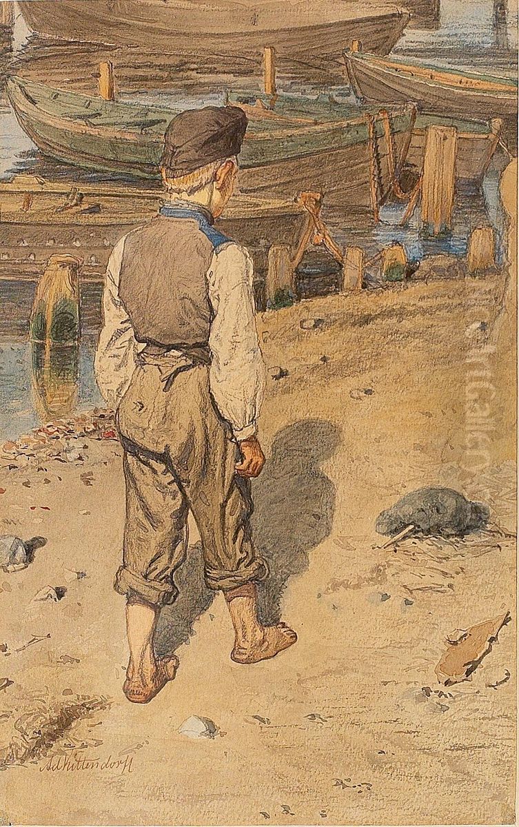 A boy at the shore with boats. Oil Painting by Adolph Kittendorff