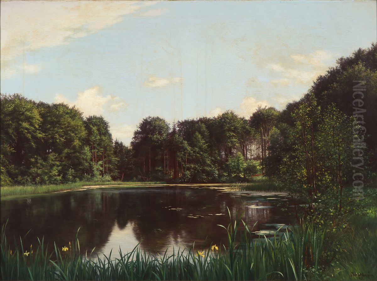 A summer day by a still forest lake. Oil Painting by unknown