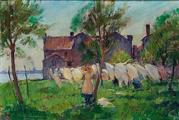 Pyykkien kuivatus auringossa Oil Painting by Victor Westerholm