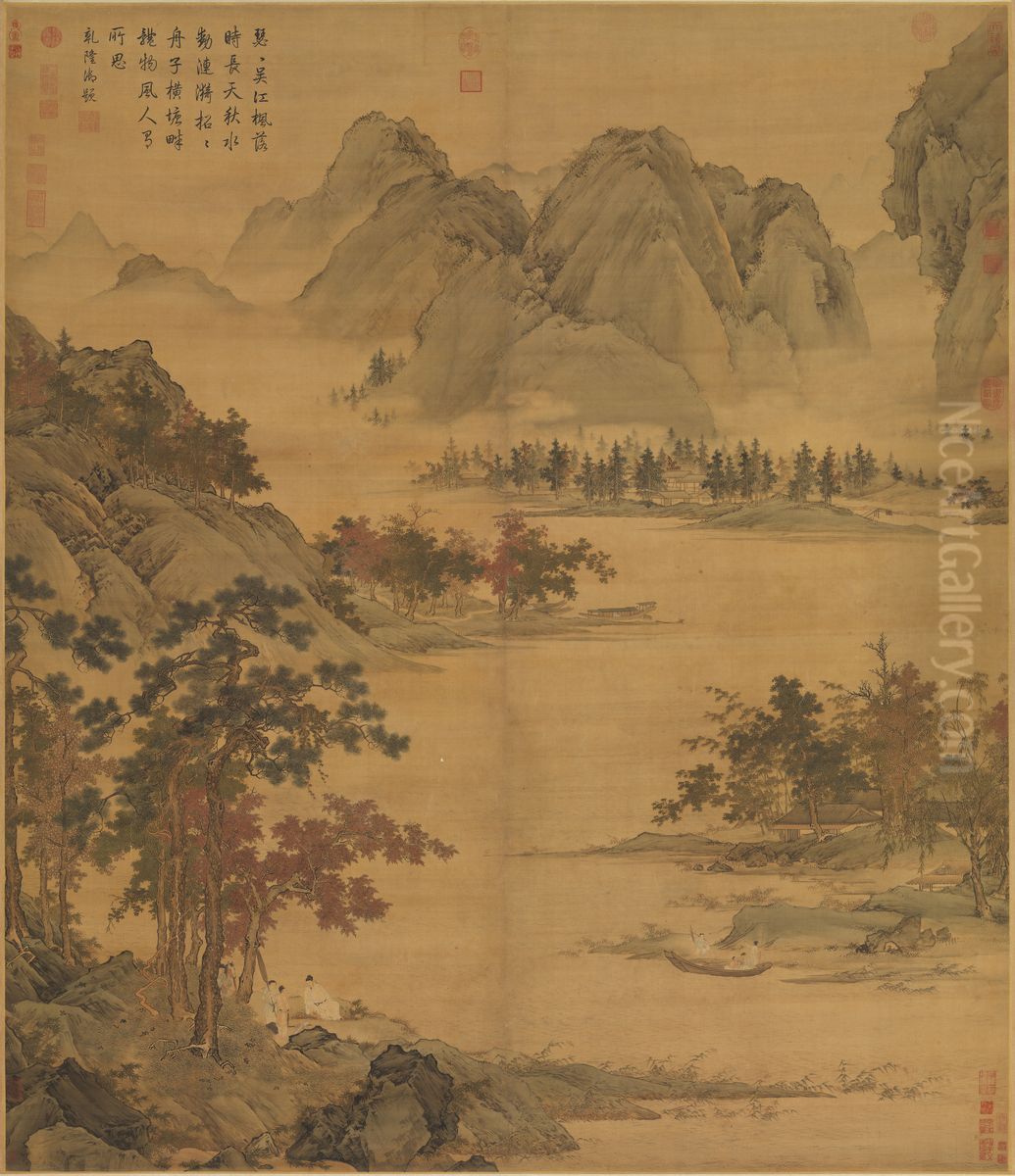 Waiting for the Ferry on an Autumn River Oil Painting by Qiu Ying