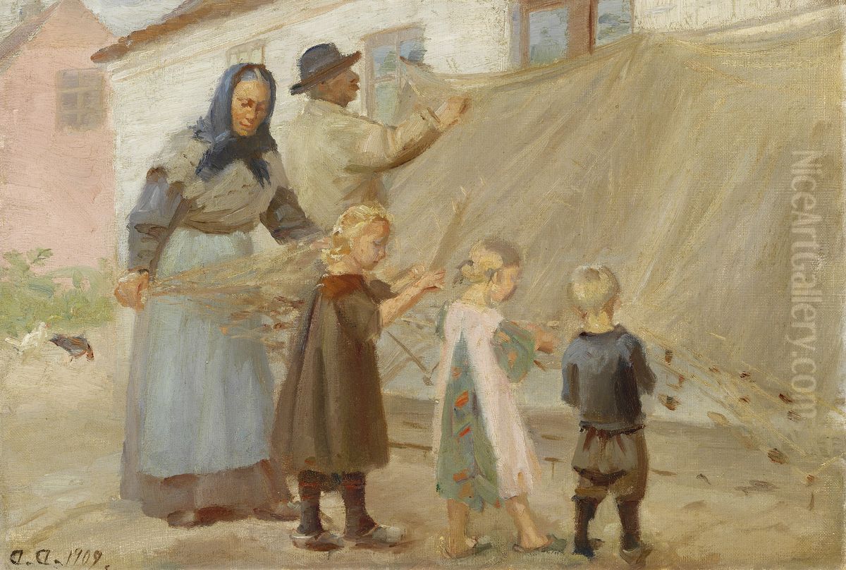 Disentangling the fishing net. Study. Oil Painting by Anna Ancher