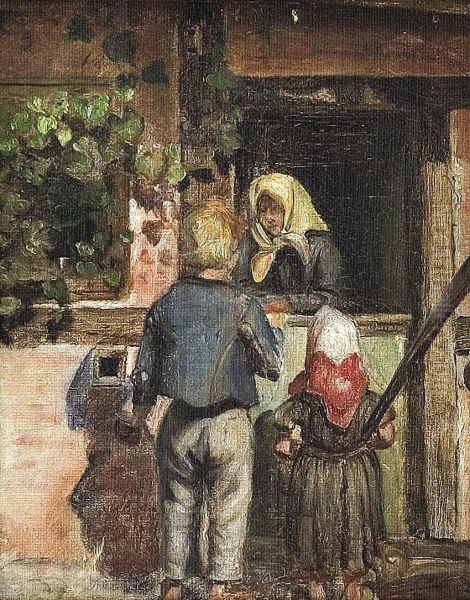To born i samtale med en kone ved en halvdor. Oil Painting by Anna Ancher