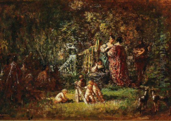 Dance of love in a park landscape Oil Painting by Adolphe Joseph Thomas Monticelli