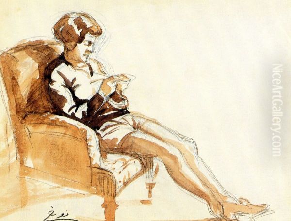A Knitting Woman. Oil Painting by Moustafa Farroukh