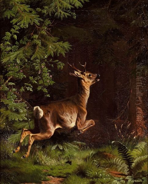 Roebuck jumping in a wood. Oil Painting by Adolf Mackeprang