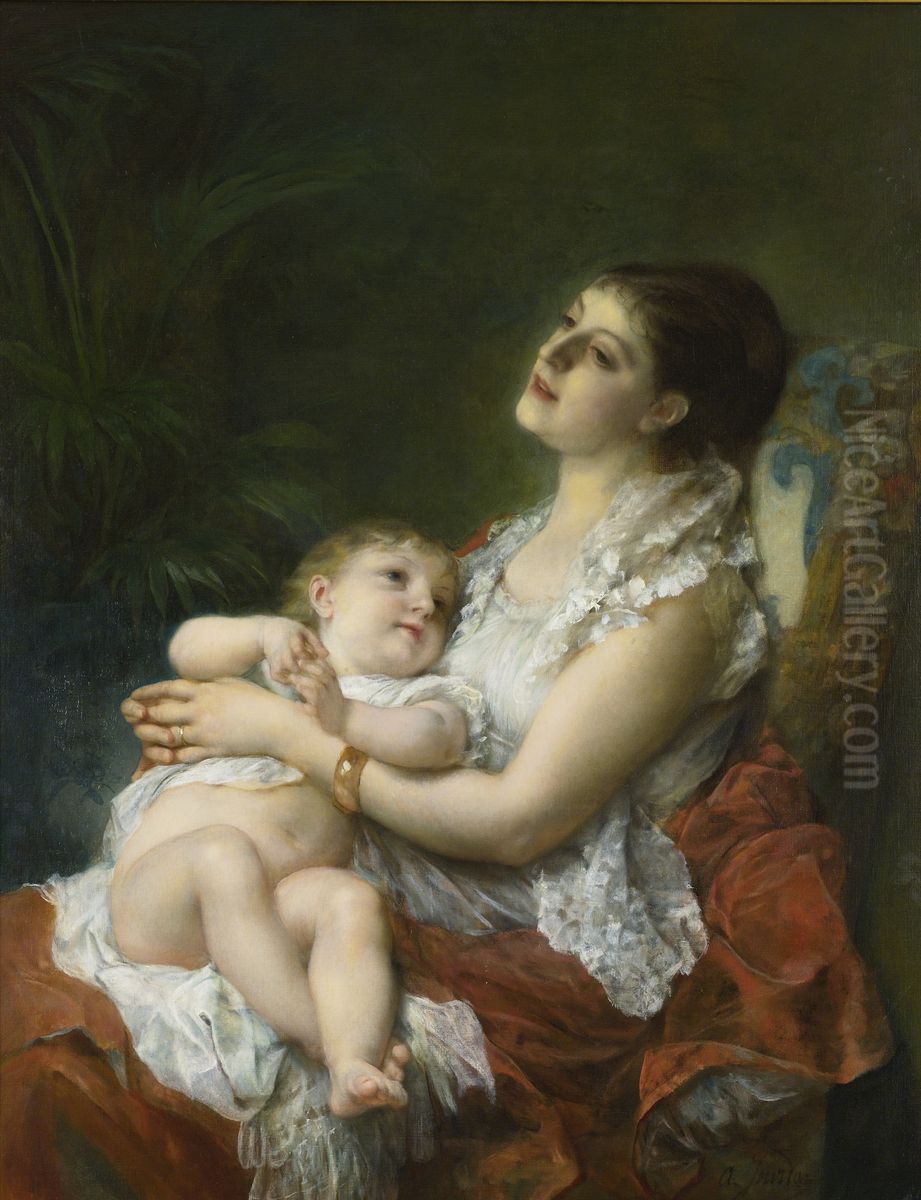 A Mother's Embrace. Oil Painting by Adolphe Jourdan