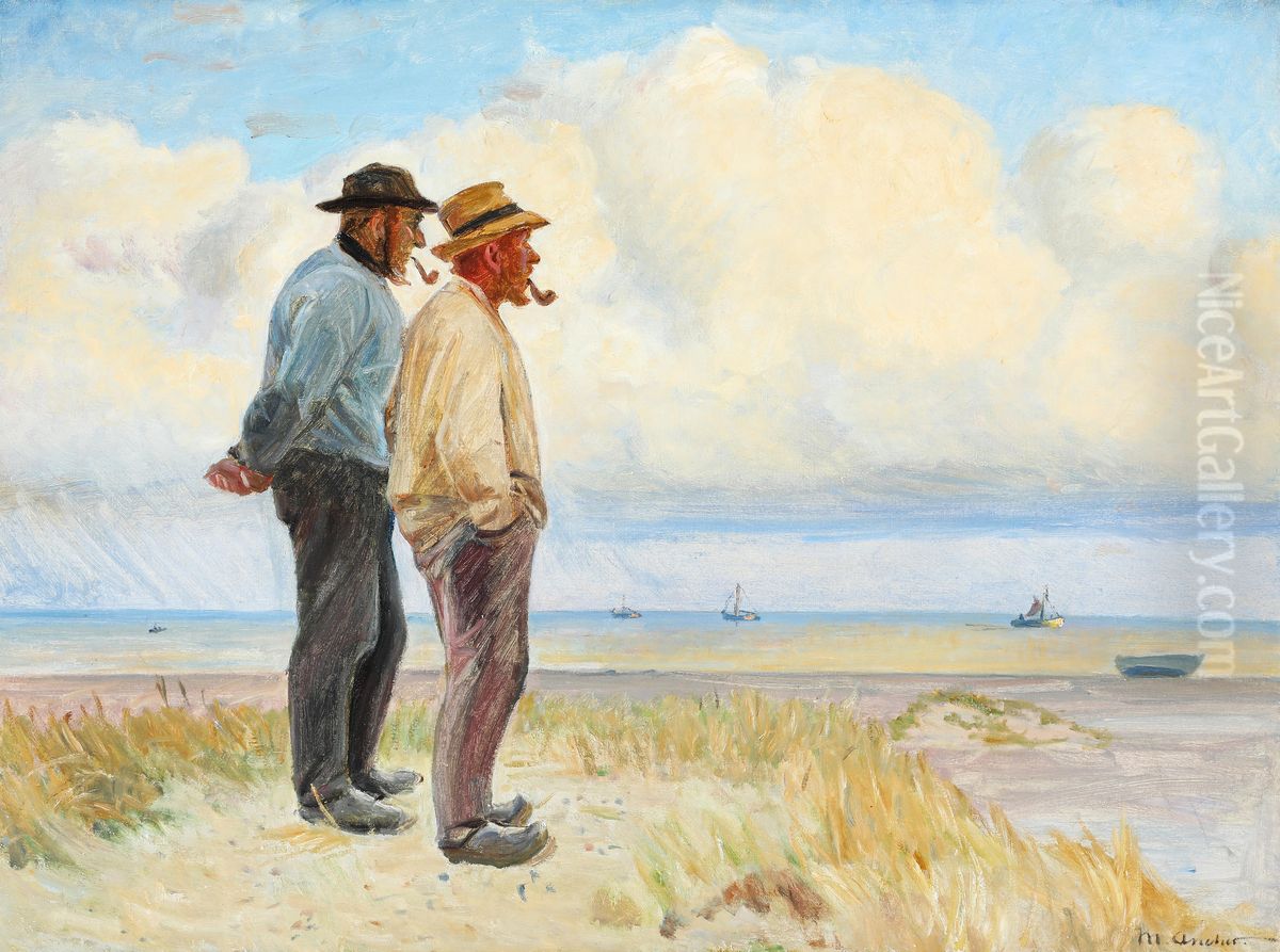 The Skagen fishermen Rasmus Bergen Sorensen and Boj Andersen standing on the beach. Oil Painting by Michael Peter Ancher